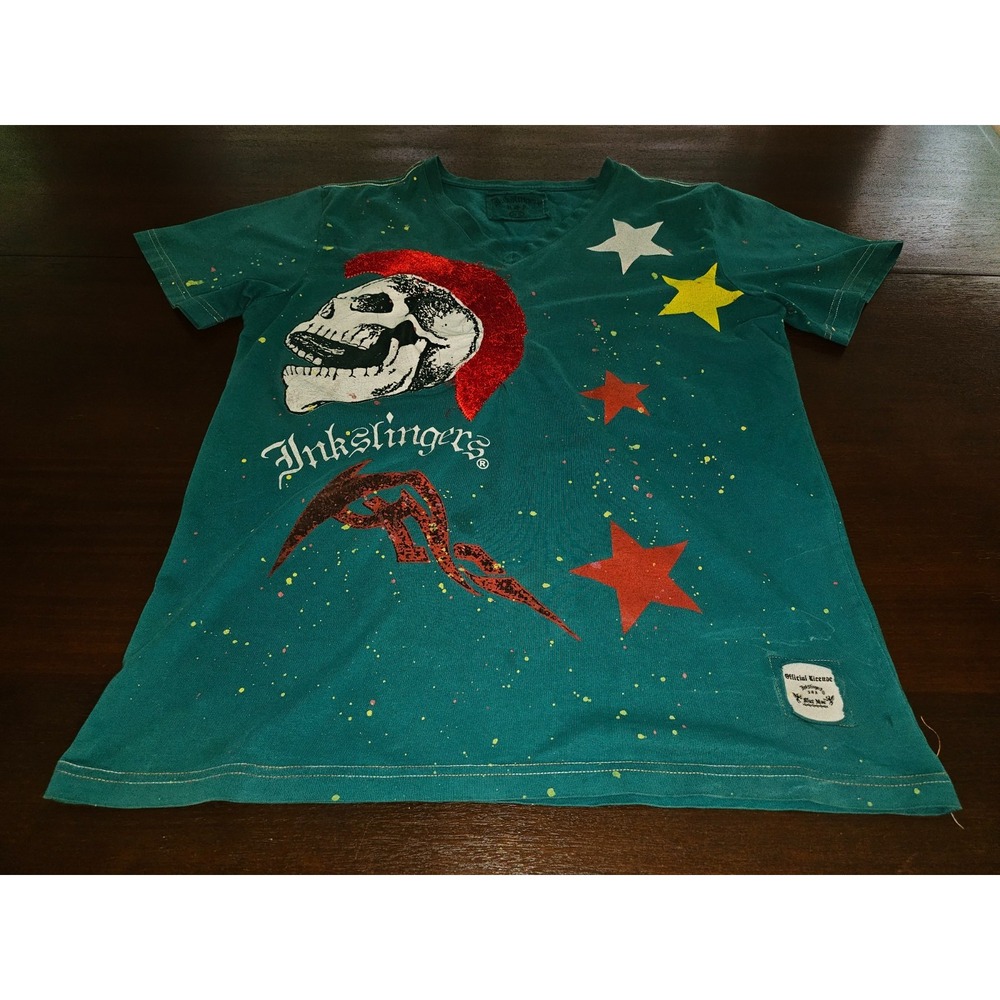 Inkslingers Graphic T-Shirt Men XL Teal Skull Mohawk Stars Paint Splatter V-Neck